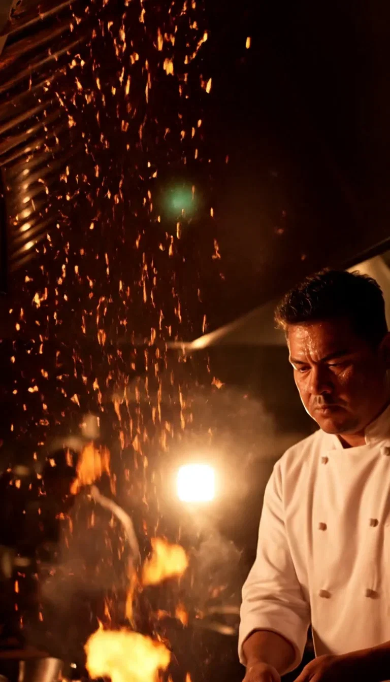 Embers and steam in kitchen backlight, beat frame from a Veo 3.1 clip on FluxoKit