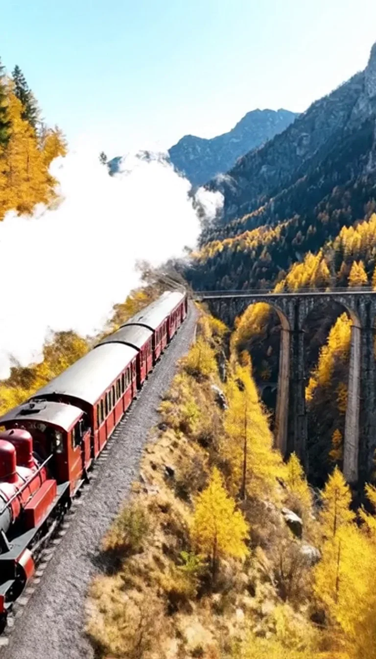 The train curving above the gorge between golden larches, closing beat frame from a Veo 3.1 aerial on FluxoKit