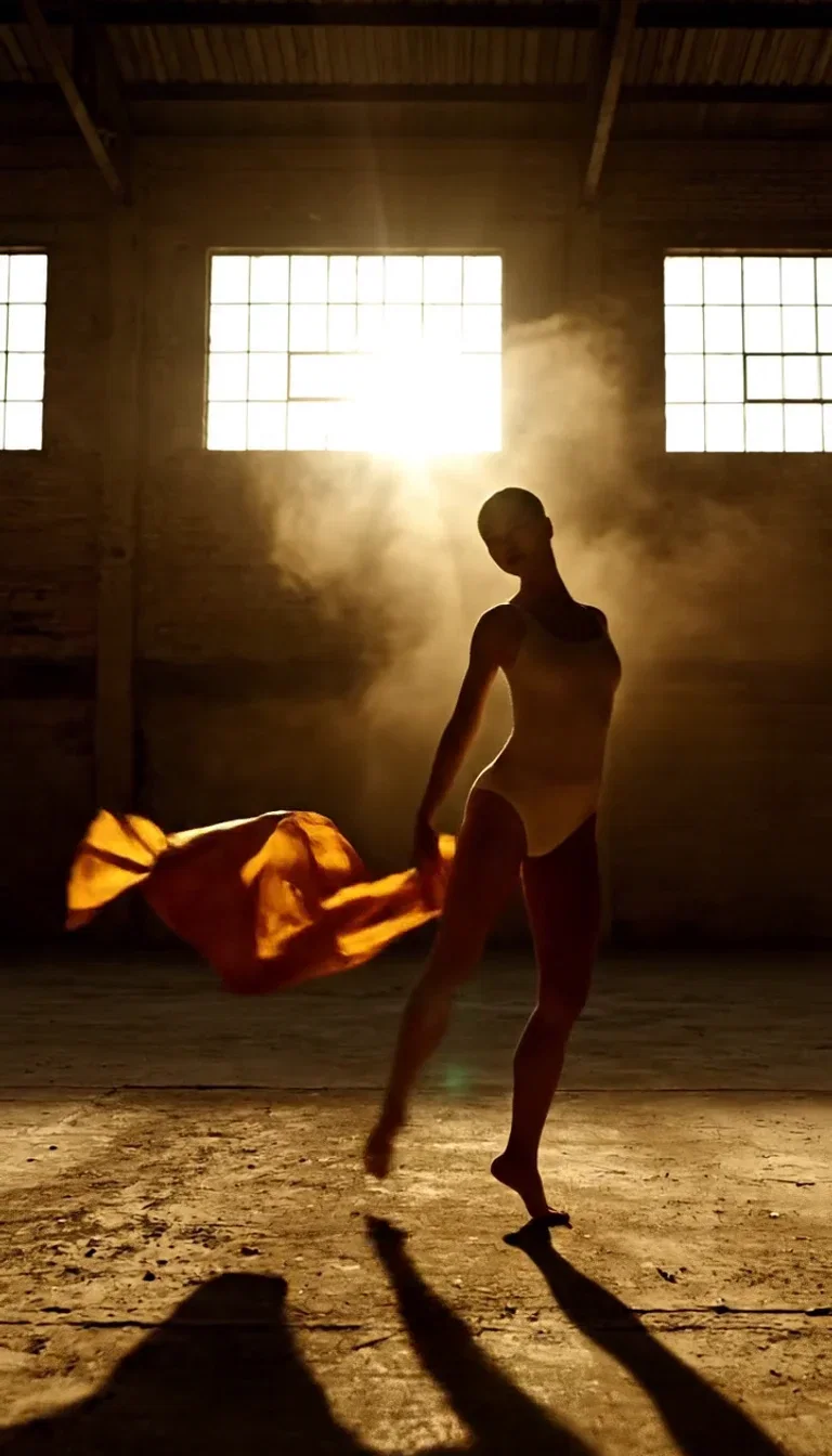 Dancer's silk release beat against the warehouse light shaft, frame from a Veo 3.1 clip on FluxoKit