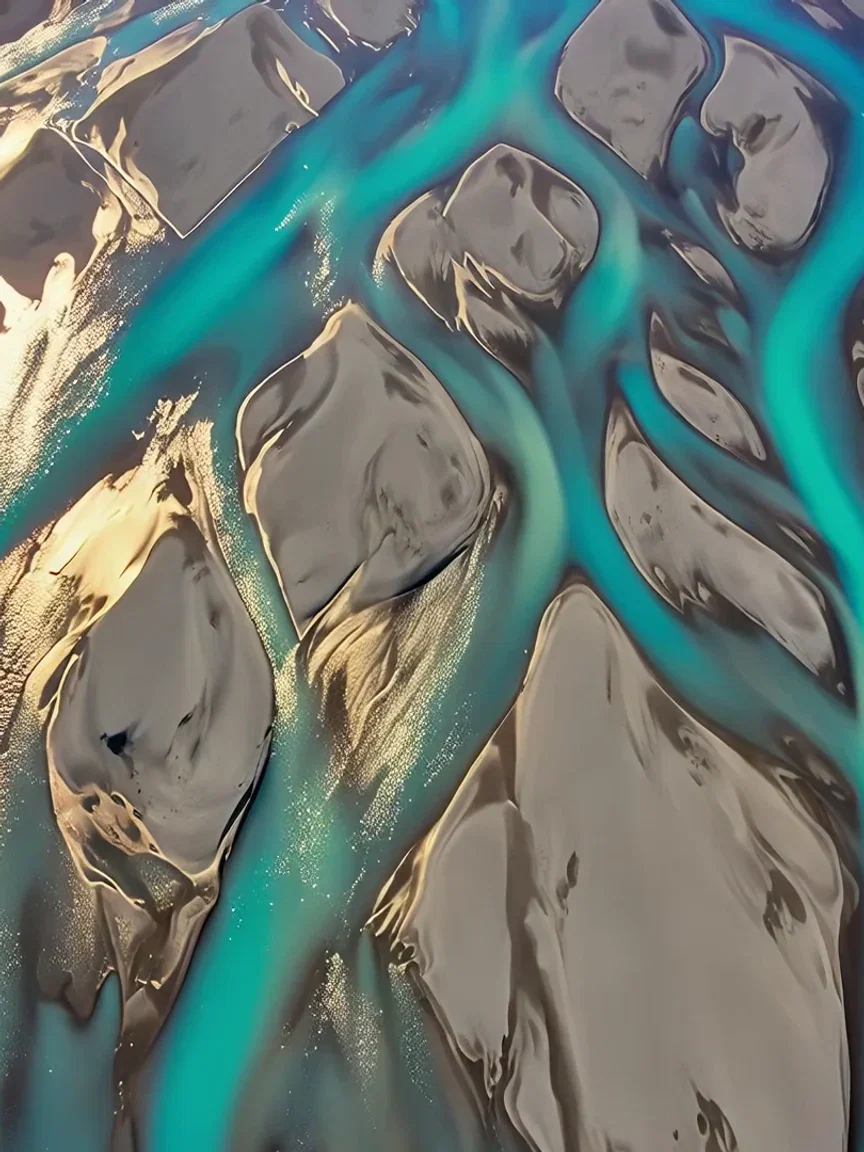 Sunlight glinting off braided meltwater channels, beat frame from a Wan 2.7 take on FluxoKit