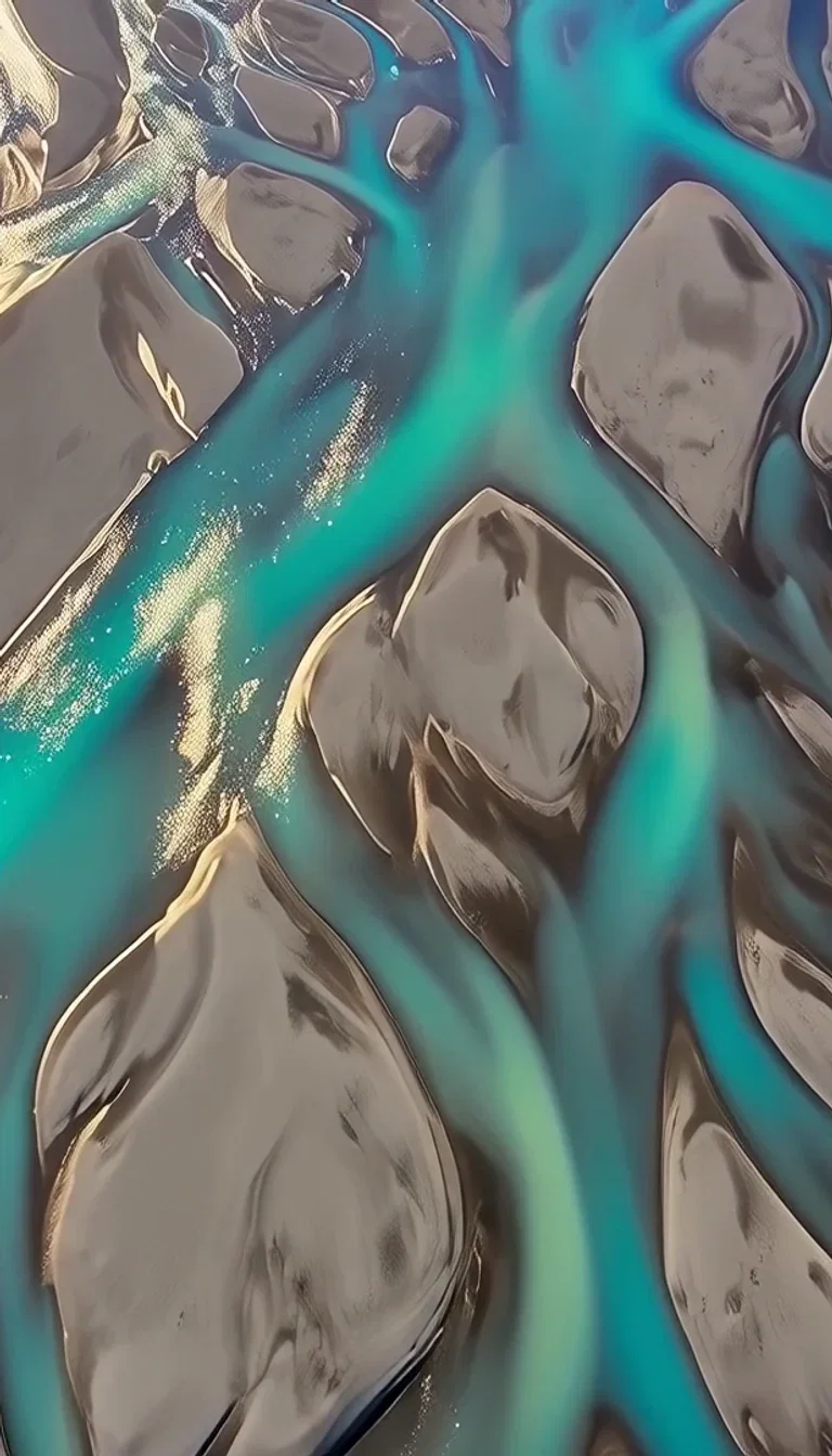 Wide view of the braided glacier channels, beat frame from a Wan 2.7 take on FluxoKit