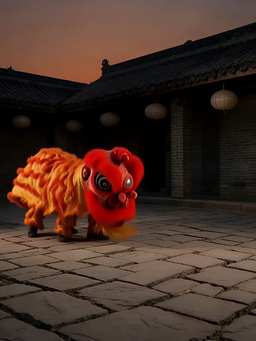 Stone courtyard in dusk light behind the lion dance, beat frame from a Wan 2.7 take on FluxoKit