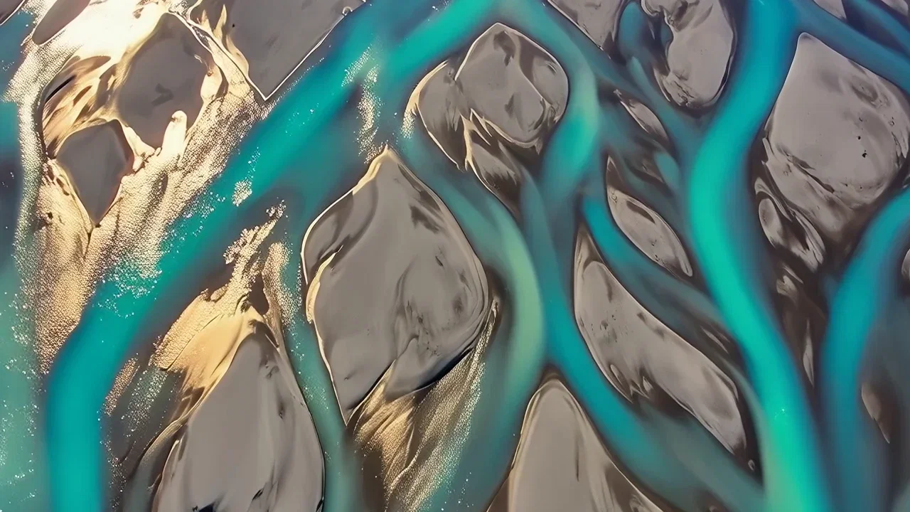 Aerial glide over turquoise braided glacier meltwater channels, generated with Wan 2.7 on FluxoKit