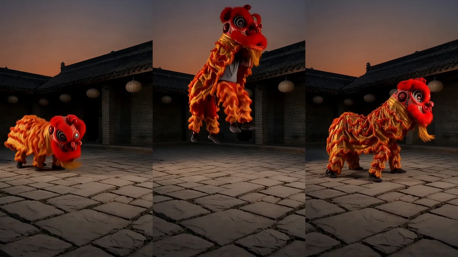 Three-beat strip of the lion dance leap from one Wan 2.7 take, generated on FluxoKit