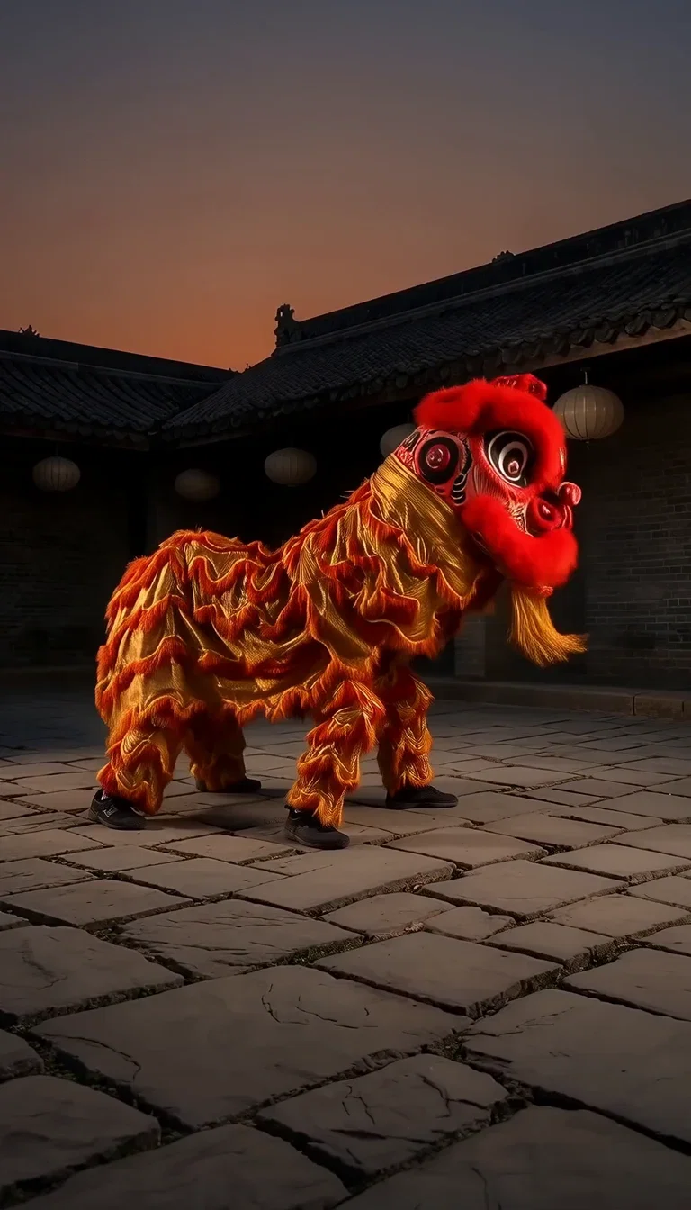 Lion dance mane mid-shake with rippling fabric, beat frame from a Wan 2.7 take on FluxoKit