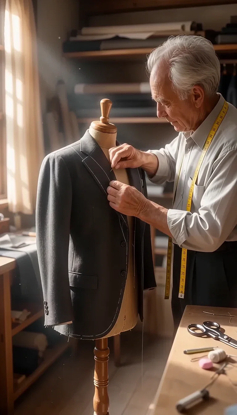 Tailor's hands placing a pin in suit fabric, beat frame from a Wan 2.7 take on FluxoKit