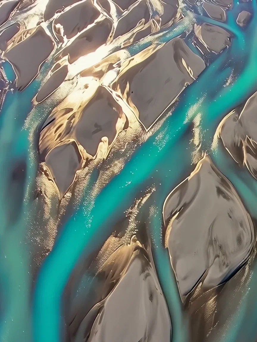 Grey silt curving between turquoise channels, beat frame from a Wan 2.7 take on FluxoKit