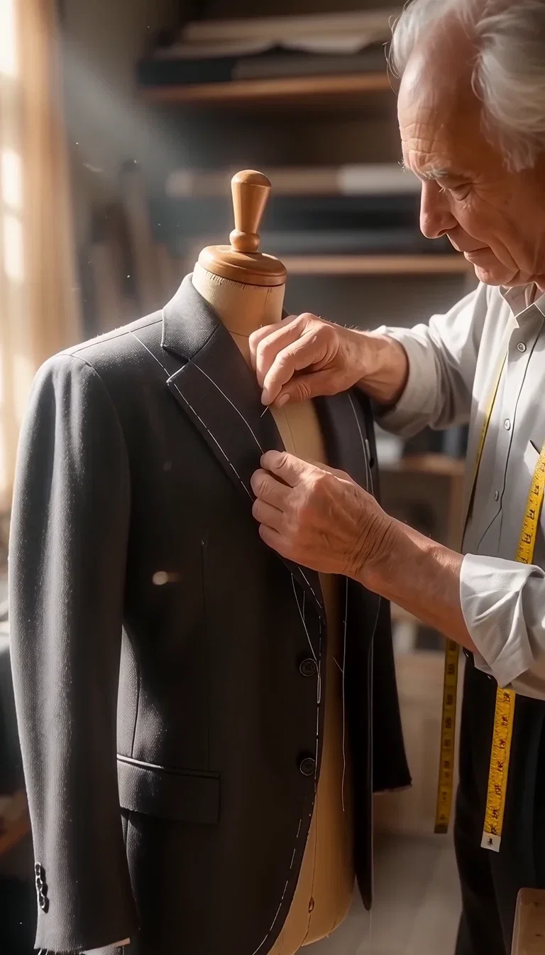 Elderly tailor pinning a suit jacket on a dress form in warm workshop light, generated with Wan 2.7 on FluxoKit