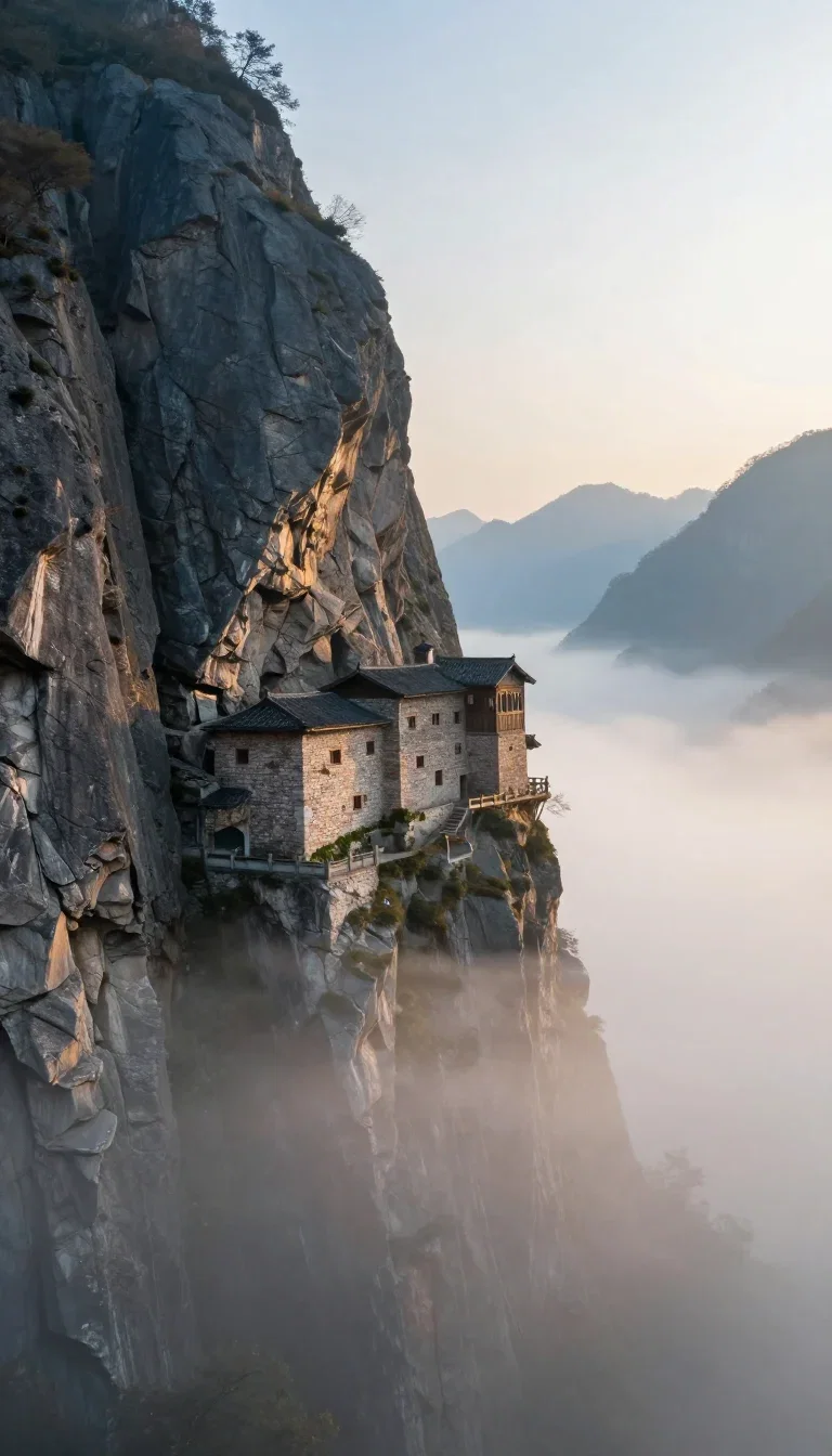 Cliffside monastery above morning mist, generated with Z-Image Turbo on FluxoKit