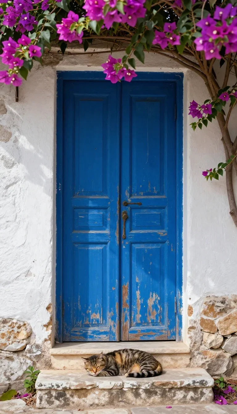 Weathered cobalt door with bougainvillea and a sleeping cat, generated with Z-Image Turbo on FluxoKit