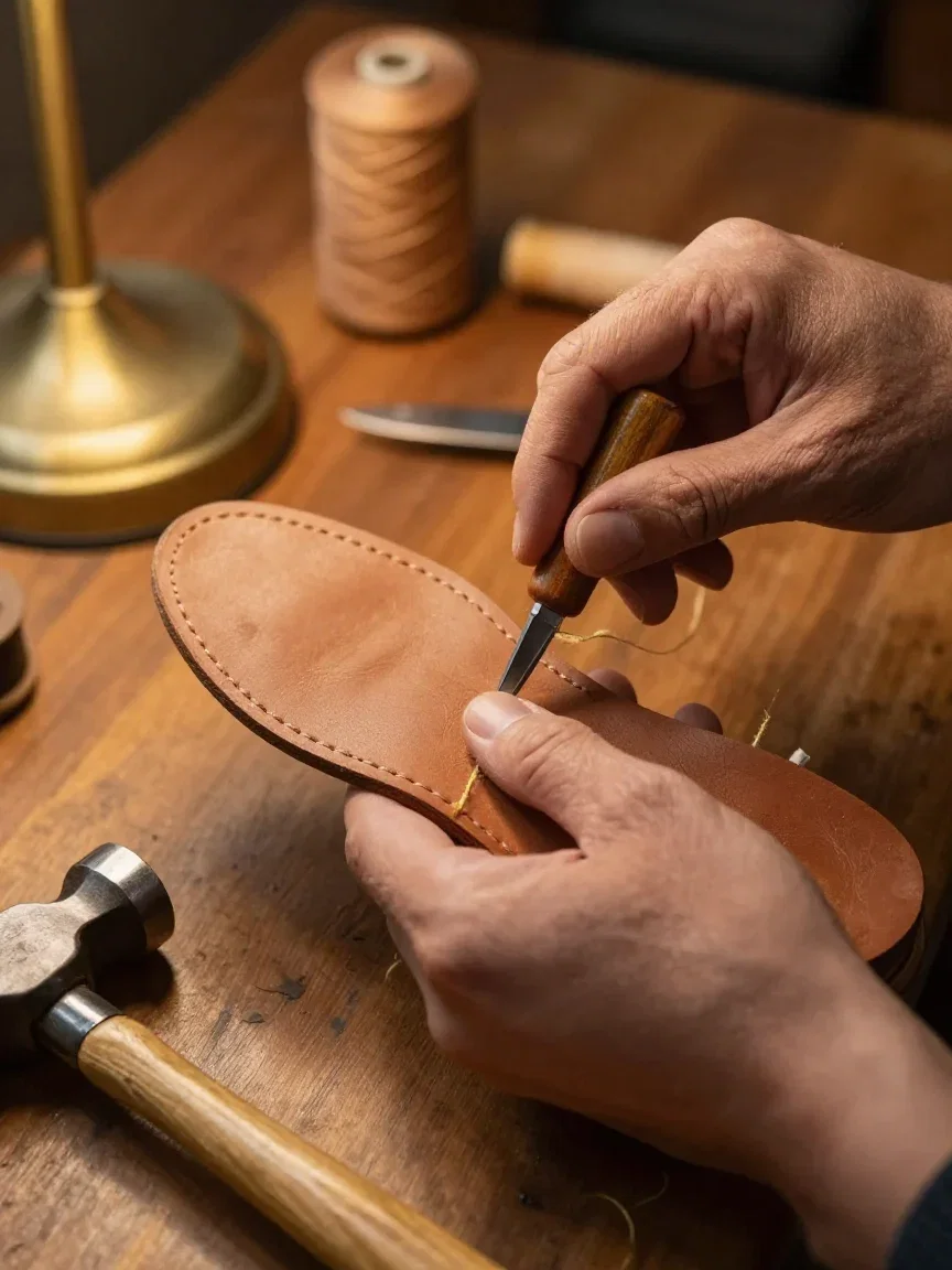 Cobbler's hands stitching a boot sole with waxed thread, generated with Z-Image Turbo on FluxoKit