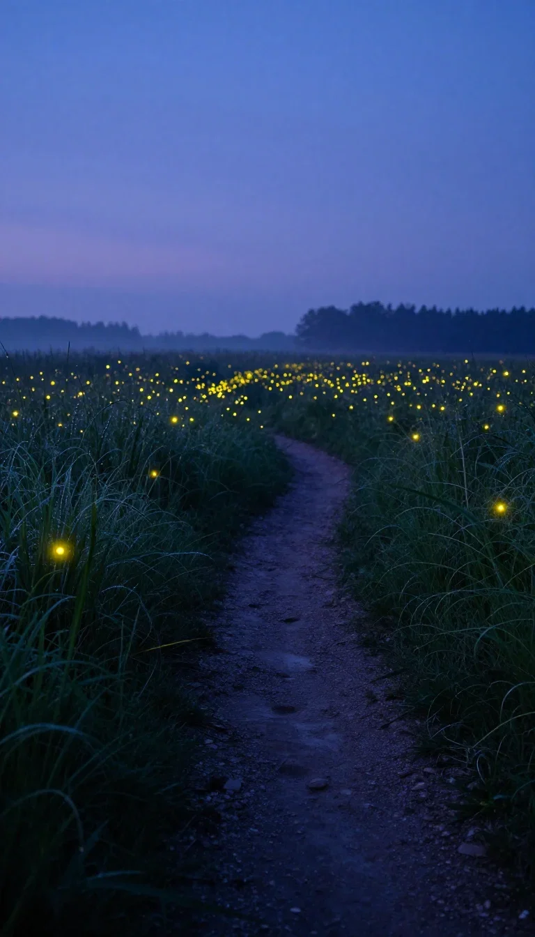 Meadow at blue hour alive with fireflies along a footpath, generated with Z-Image Turbo on FluxoKit