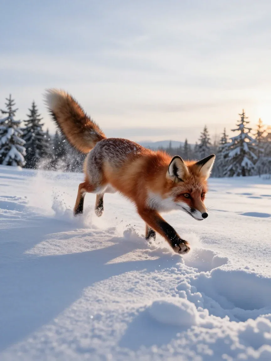 Red fox mid-pounce into deep snow with powder exploding, generated with Z-Image Turbo on FluxoKit