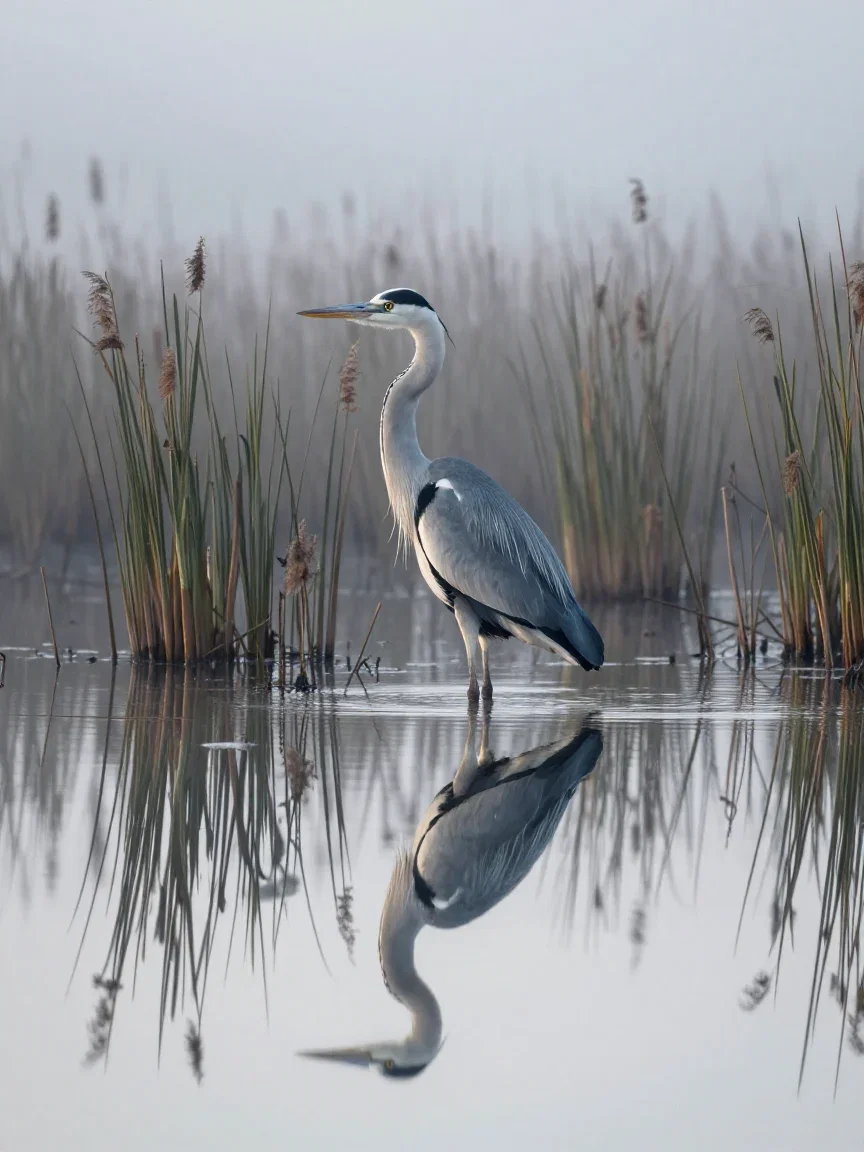 Grey heron standing among misty reeds at dawn, generated with Z-Image Turbo on FluxoKit