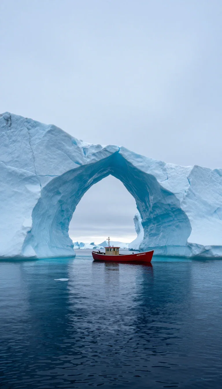 Turquoise iceberg arch with a small red boat beneath, generated with Z-Image Turbo on FluxoKit