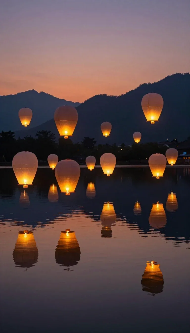 Blank paper sky lanterns rising over a still mountain lake at dusk, generated with Z-Image Turbo on FluxoKit
