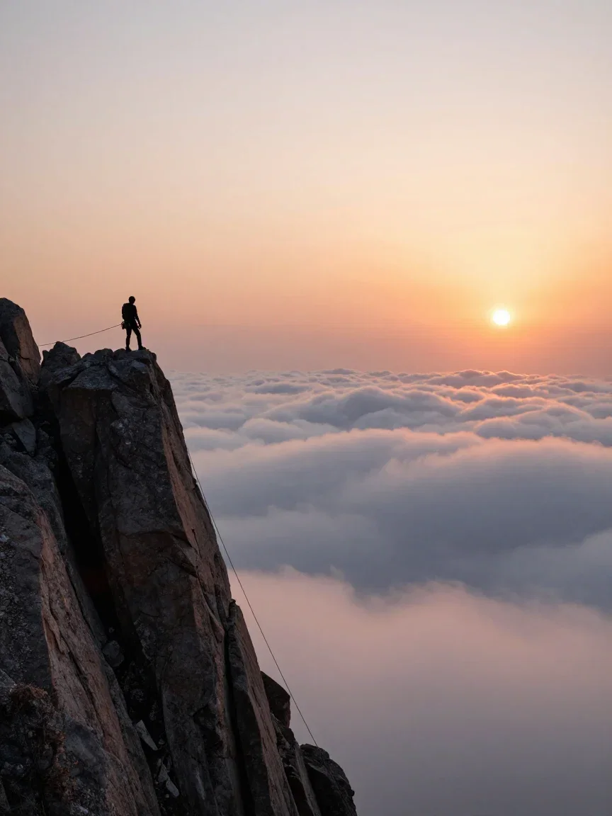 Climber silhouetted cresting a ridge above a sea of clouds, generated with Z-Image Turbo on FluxoKit