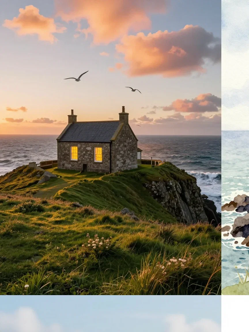 The same lighthouse cottage in photo, watercolor, miniature and ink styles, all generated with Z-Image Turbo on FluxoKit