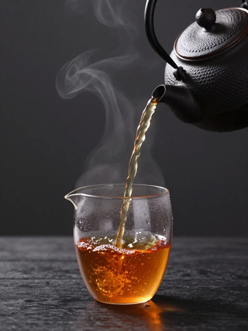 Amber tea pouring into a glass cup with curling steam, generated with Z-Image Turbo on FluxoKit